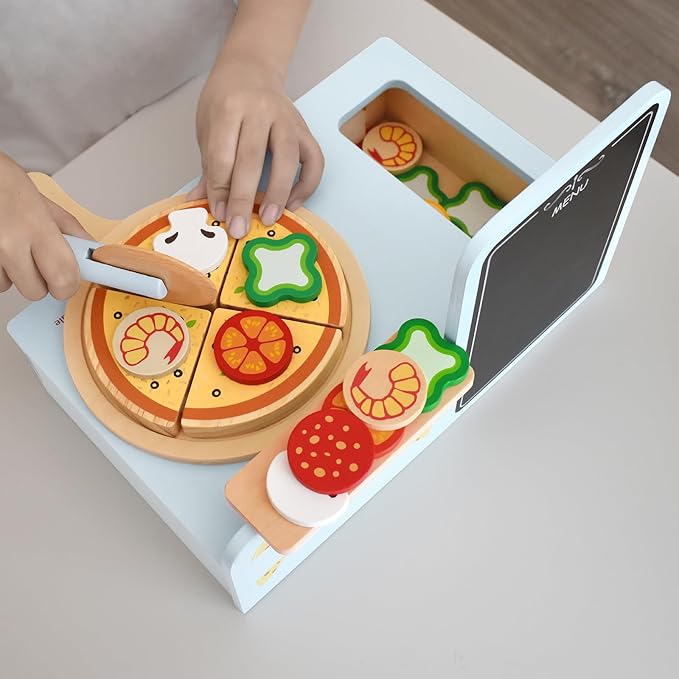 Wooden Pizza Toy,Wooden Pizza Counter Playset with Bake Oven, Montessori Pretend Play Food for Kids Kitchen,Christmas Birthday Gift for Toddlers Boys Girls 3 4 5 6 Year Old