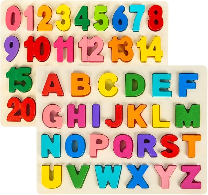 Attmu Wooden Puzzles for Toddlers, Alphabet Puzzle and Number Puzzle, 2 in 1 Preschool Educational Learning Toys with Chunky Wood ABC Puzzle Board, for Girls Boys Kindergarten Set of 2