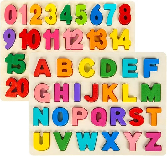 Attmu Wooden Puzzles for Toddlers, Alphabet Puzzle and Number Puzzle, 2 in 1 Preschool Educational Learning Toys with Chunky Wood ABC Puzzle Board, for Girls Boys Kindergarten Set of 2