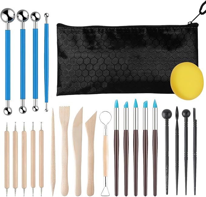 25 Pcs Clay Tools and Pottery Tool Kit for Polymer Clay Sculpting, Air Dry Clay, Ceramics, Professional Sculpting Tools Set with Silicone Shapers, Ball Stylus & Premium Black Canvas Case
