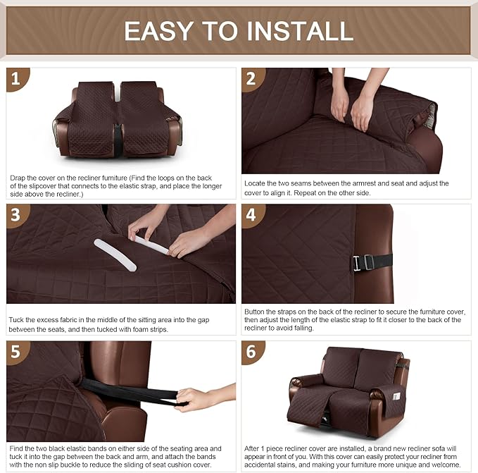 KinCam Waterproof Oversized Loveseat Recliner Cover, Non-Slip Reclining Couch Covers for 2 Seat, Recliner Sofa Cover Furniture Protector with Elastic Straps for Kids, Pets, Coffee