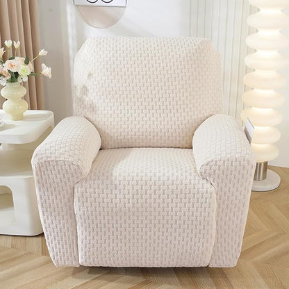 vctops 4 Pieces Jacquard Plush Recliner Slipcovers Stretch Soft Sofa Couch Cover Anti-Slip Solid Color Furniture Protector with Elastic Bottom for Kids Cats Dogs (Cream,1 Seat)