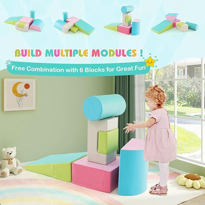HONEY JOY 6-Piece Climb and Crawl Playset, Soft Climbing Foam Block Activity Play Structure Gym Equipment for Infant Baby, Color Coordination, Waterproof Indoor Climbing Toys for Toddlers (Green)
