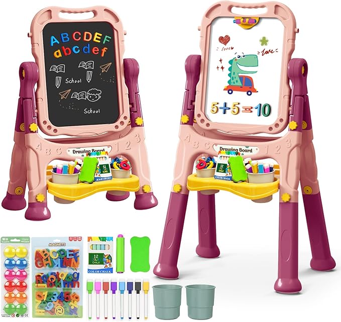 Art Easel for Kids with Magnetic Drawing Board, Double Sided Easel with Magnetic Letters & Numbers Easel, Adjustable Standing Easel for Toddler, Creative Play for Kids (Pink)