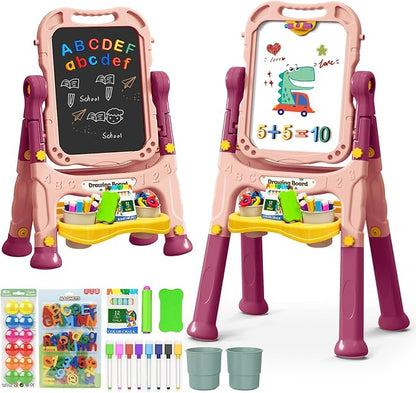 Art Easel for Kids with Magnetic Drawing Board, Double Sided Easel with Magnetic Letters & Numbers Easel, Adjustable Standing Easel for Toddler, Creative Play for Kids (Pink)
