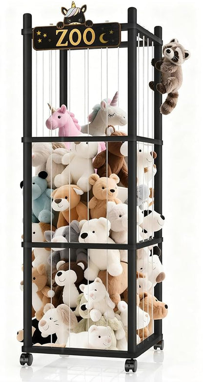 Stuffed Animal Storage Zoo Tower,56In Wooden Large Stuffed Animal Holder Organizer with Wheels,Stuffy Plushies Storage with Elastic Band&Mesh Bottom,Toy Storage Organizers for Playroom Nursery（Black）