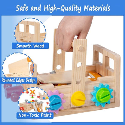 HOMEE Wooden Kids Tool Set, 25 Pcs Toddler Tool Kits, Tool Toys Box, Tool Set for Kids, Montessori STEM Educational Tools Toys, Pretend Play Construction Toys for 3 4 5 Years Kids Boys and Girls