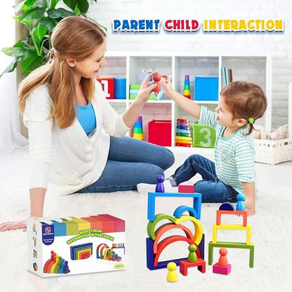 Wooden Toys, Montessori Toys for Kids 3 4 5 6+Years Old Boys Girls Rainbow Stacking Blocks Set Preschool Activites Educational Toy Gifts for Toddler-19PCS