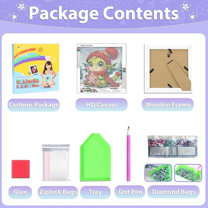 hkejoi Dragon Diamond Art Kits for Kids with Frame, Cartoon Diamond Art for Kids Ages 4-8-12, Easy Kids Gem Art Kit with Cartoon Package for Gift Home Wall Decor 7x7inch