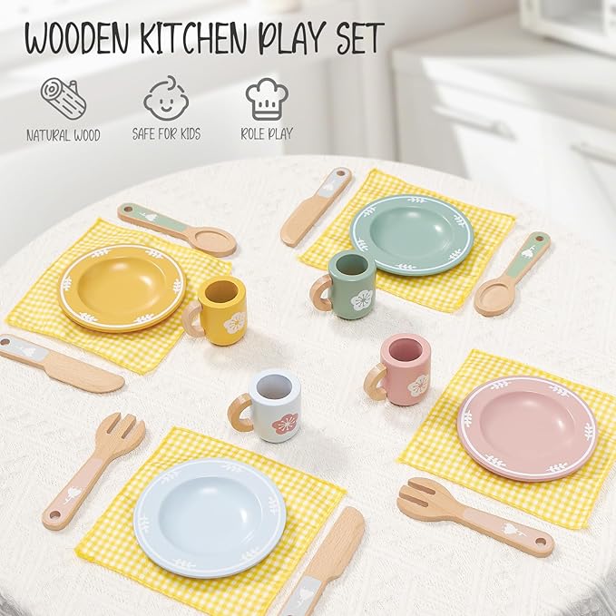 Toyssa Wooden Play Kitchen Accessories Montessori Toys for Toddlers 3-5, Play Dishes for Kids Kitchen with Realistic Dishes & Plates & Tableware, Christmas Birthday Gifts for 3 4 5 6 Years Girls Boys