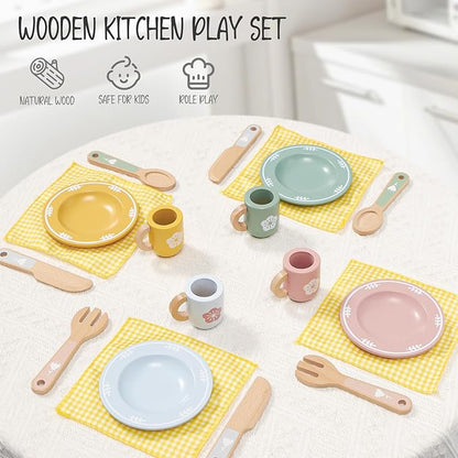 Toyssa Wooden Play Kitchen Accessories Montessori Toys for Toddlers 3-5, Play Dishes for Kids Kitchen with Realistic Dishes & Plates & Tableware, Christmas Birthday Gifts for 3 4 5 6 Years Girls Boys