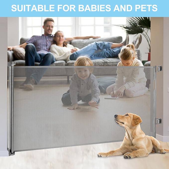 120 Inch Extra Wide Baby Gate Extra Long Dog Gate for The House Retractable Baby Gates for Doorways Super Large Pet Gate for Dogs Indoor Mesh Child Gates for Wide Openings Safety Toddler Gates (Grey)