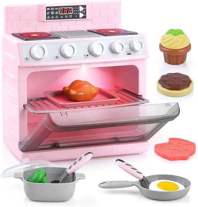 PLAY Toy Oven Kids Kitchen Playset, Kids Play Kitchen Set with 11 Accessories, Realistic Cooking Sounds ＆ Lights, Pretend Play Oven Toddler Cooking Gift Set for Girls Boys Ages 3+