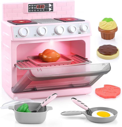PLAY Toy Oven Kids Kitchen Playset, Kids Play Kitchen Set with 11 Accessories, Realistic Cooking Sounds ＆ Lights, Pretend Play Oven Toddler Cooking Gift Set for Girls Boys Ages 3+