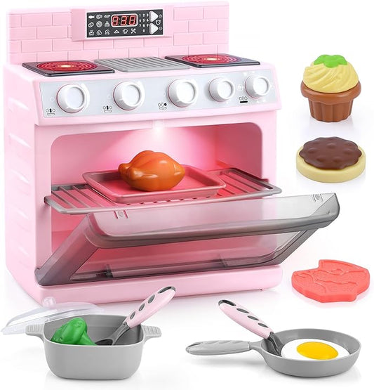 PLAY Toy Oven Kids Kitchen Playset, Kids Play Kitchen Set with 11 Accessories, Realistic Cooking Sounds ＆ Lights, Pretend Play Oven Toddler Cooking Gift Set for Girls Boys Ages 3+