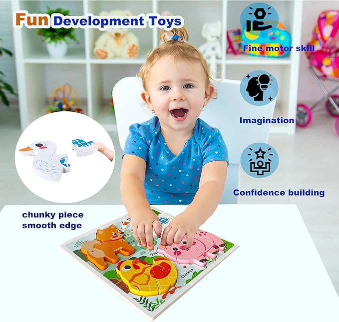 Farm Animal Puzzles for Toddlers 1-3, Kids Gifts for 2 3 Years Old Girls Boys,Wooden Puzzles for Toddlers 2-4, Montessori Toys Learning Educational Toys Ages 2-3