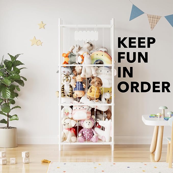 SpaceAid Stuffed Animal Storage Organizer, Wood Animals Zoo Toy Plushies Storage Holder, Large Capacity Plush Toy Cage for Playroom Organization, 22.8" Wide, White