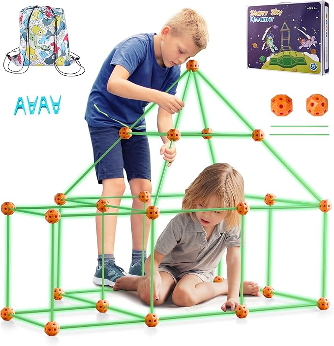 VEVOR Fort Building Kit for Kids, 85PCS Glow in The Dark STEM Building Toys, Educational Gift for 4 5 6 7 8+ Year Old Boys & Girls, Indoor Outdoor Play Tent Construction Toys with 55 Rods and 30 Balls