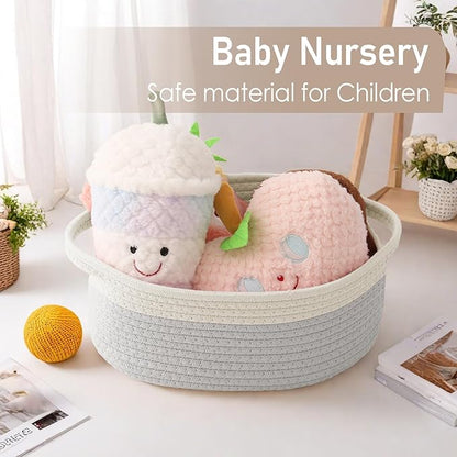 JMvicyroam Woven Basket,Small Rope Storage Bin with Handles & Ribbon Bag, Organizer for Shelves Closets,Gift Basket Empty for Birthday,Books,Dog Toys, White&Grey
