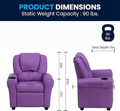 Flash Furniture Vana Vinyl Kids Recliner with Cup Holder, Headrest, and Safety Recline, Contemporary Reclining Chair for Kids, Supports up to 90 lbs., Lavender