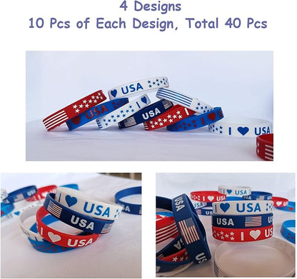 American Flag Silicone Bracelet 40Pcs, Presidential Inauguration Patriotic Party Fourth 4th of July Party Accessories Wristband USA Veterans Day Red White and Blue Decoration Memorial Day Favors
