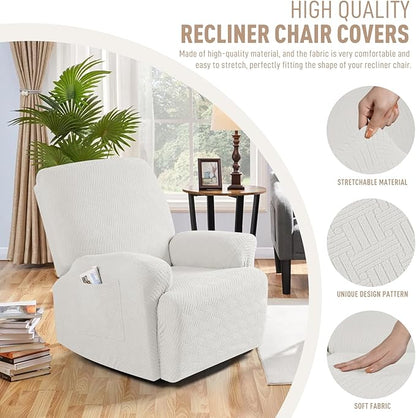 KinCam Recliner Covers, Stretch Reclining Chair Covers, Recliner Sofa Slipcovers Stripe Jacquard Recliner Couch Covers Furniture Protector Covers for Pet Kid (1 XL Seater, Cream)
