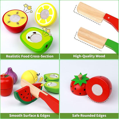 30 Pcs Wooden Play Food Sets for Kids Kitchen Accessories, Velcro Fruit and Veggies for Toddlers, Velcro Fruit Cutting Toys for Kids, Color Sorting Play Food Set, Play Food for Toddlers 1-3