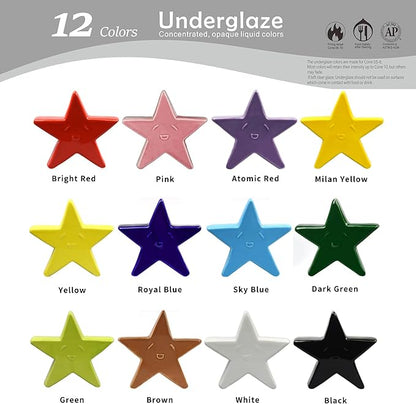 Set of 12 Ceramic Underglaze Paint Colors for Clay, 2 fl oz/60 ml, 12-Color Underglaze Set, Assorted Colors for Ceramic and Pottery Painting, Ideal for Art Projects