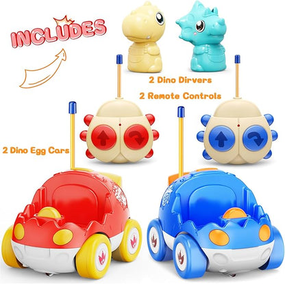 2 Pack Dinosaur Remote Control Cars Toys for Kids 2 3 4 5 Years Old, Easter Present Birthday Gifts for Boys and Girls Ages 2-5, Dino Race Car Toddlers Toys with Music and Light(Red Blue)