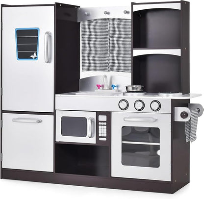 HOMGX Multi-Function Children's Kitchen Toy Set, Wooden Chef Pretend Toy Set w/Microwave, Stove, Sink, Faucet, Storage Cabinet & Shelf,Children's Play Kitchen for Boys & Girls Over 3 Years Old