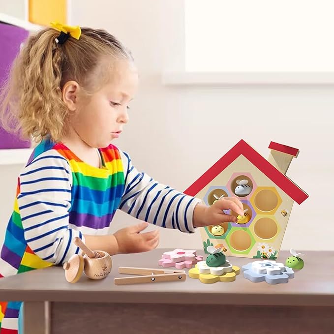 Wooden Bee to Hive Matching Game, Fine Motor Skill Toy for Toddlers, Montessori Toys for 3 Year Old Color Sorting Matching for Kids, Early Learning Preschool Educational Gift for 3 4 5 Years Old