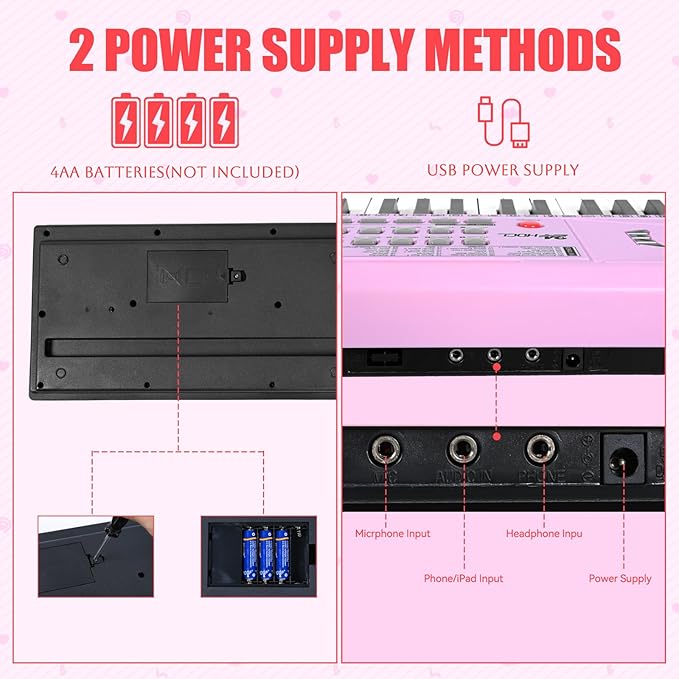 61 Key Electronic Keyboard, Kids Portable Music Keyboard with 100 Tones & Rhythms, Recording & Programming, Gift for Children Early Education Beginners, Pink