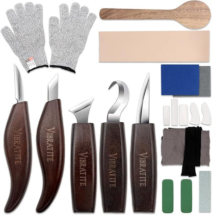 VIBRATITE Wood Carving Kit, 14 PCS Wood Carving Tools Set with Detail Carving Knife, Spoon Blanks, Whittling Knife, Wood Whittling Kit for Beginners Kids Adults Woodworking DIY