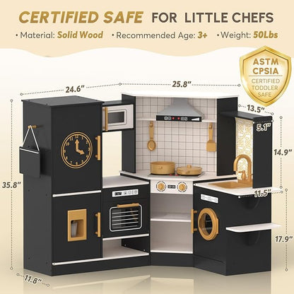 BIERUM Coner Wooden Play Kitchen with Real Lights & Sounds, Trendy Home Style Kitchen Playset, Toy Kitchen with 28 Pcs Toy Food & Cookware Accessories, Gift for Boys & Girls Ages 3+