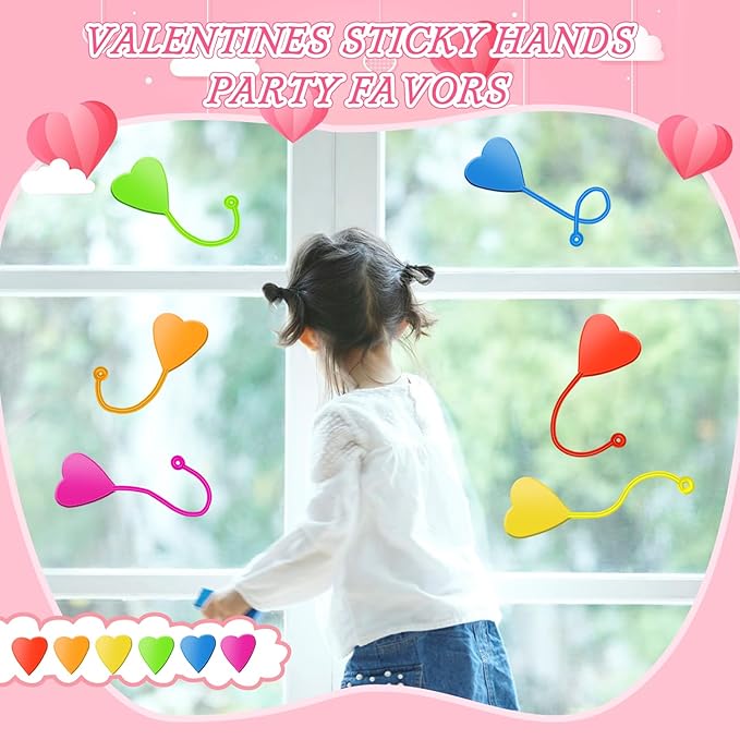 Valentines Sticky Hands Bulk 48PCS Valentines Day Gifts for Kids Classroom Prizes Valentines Party Favors for Kids Stretchy Heart Sticky Hand Toy Valentines Day Goodie Bag Stuffers Kid Party Supplies