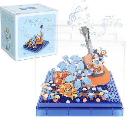 Guitar Mini Building Block Sets with Colorful Flower Decor, Micro Building Sets with Dust Cover,Gift for Girl,Lover,Mother, Home Office Decor Kit Suit for Kids and Adult Aged 8+(Guitar)