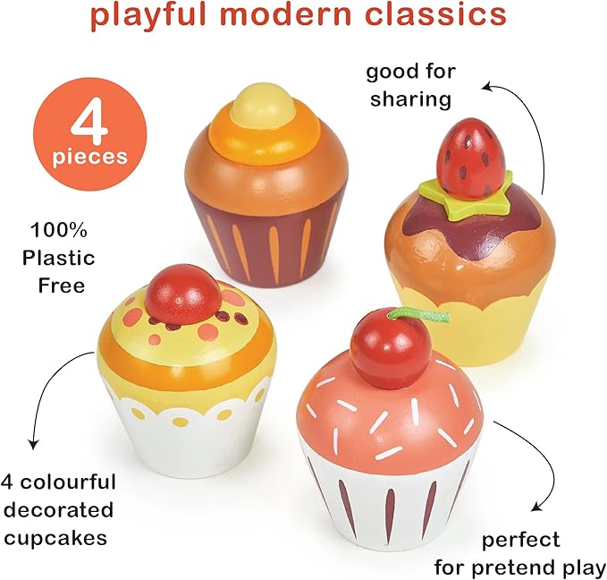 Mentari Toys - Teatime Cupcake Set - 4pc Wooden Cupcake Play Food Set - Pretend Play Kitchen and Market Food Accessories - Encourages Role Play and Develops Social Skills - Gift for Toddlers - Age 3+