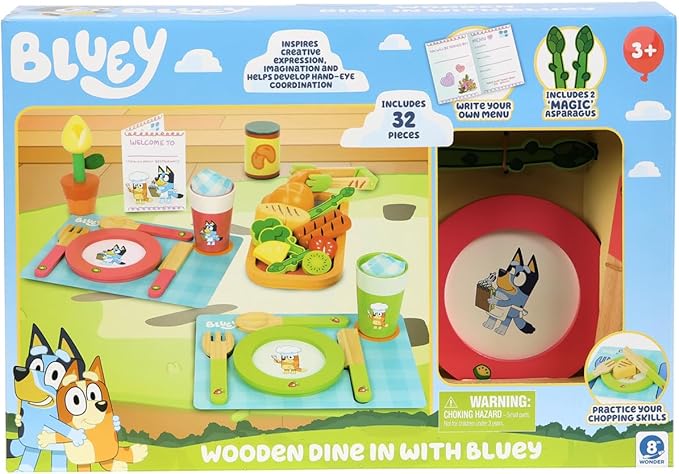 Bluey - Dine in with Bluey Set, 32-Piece Wooden Toy Set with Magic Asparagus, Plates, Utensils & More, Perfect for Role-Play & Imaginative Fun, FSC-Certified, Suitable for 3 Years & Up