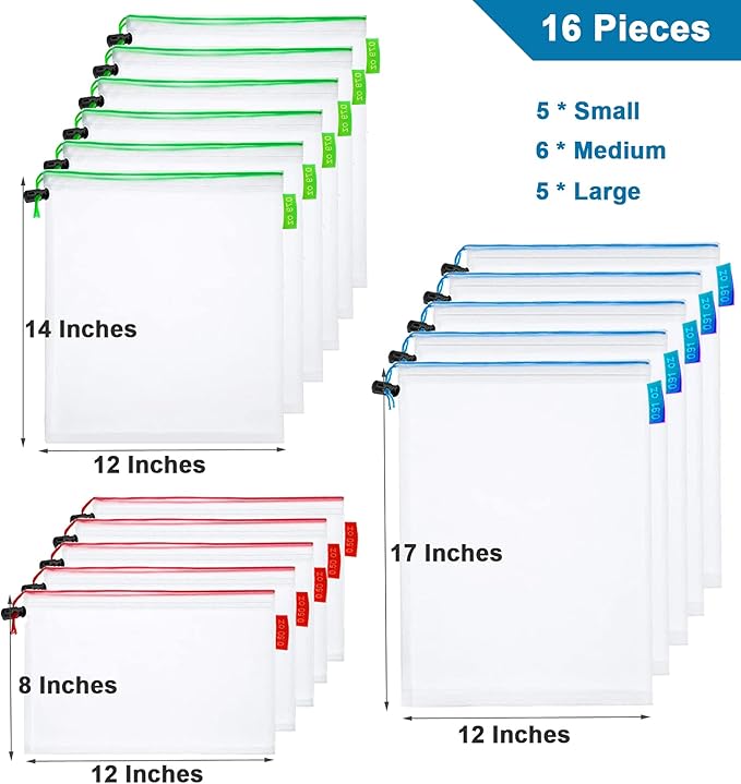 16 Pcs Mesh Small Toy Bags for Storage, 3 Sizes Reusable Mesh Drawstring Produce Bags Puzzle Bag for Kids Storage Playroom Organization, Fruits, Vegetable