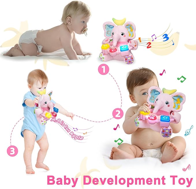 Holaxander Baby Elephant Musical Stuffed Animals Toy with Light-Up Music & Crinkle Sound Paper,Infant Bilingual Early Learning Education Toys,Tummy Time Toys for 0-3-6-12+ Months Boy Girl, Pink