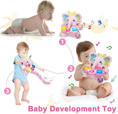 Holaxander Baby Elephant Musical Stuffed Animals Toy with Light-Up Music & Crinkle Sound Paper,Infant Bilingual Early Learning Education Toys,Tummy Time Toys for 0-3-6-12+ Months Boy Girl, Pink