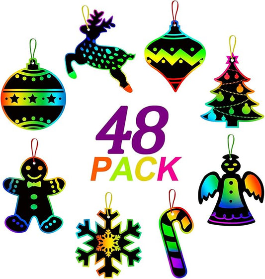 ORIENTAL CHERRY Christmas Scratch Crafts Arts, 48 DIY Rainbow Scratch Art Bulk Cards, Rainbow Scratch Paper Supplies Toys for 3-12Years Old Kids Favord Gift for Christmas Party Games Projects Kits
