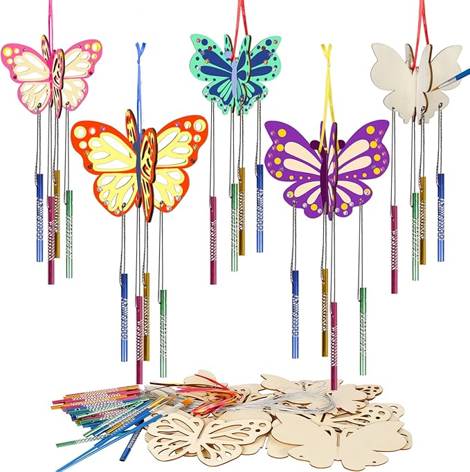 Fennoral 8 Pack 3D Butterfly Wind Chime Kit for Kids Make Your Own Butterfly Wind Chime Wooden Arts and Crafts for Kids DIY to Paint Butterfly Craft for Winter Spring Art Activity Birthday Party