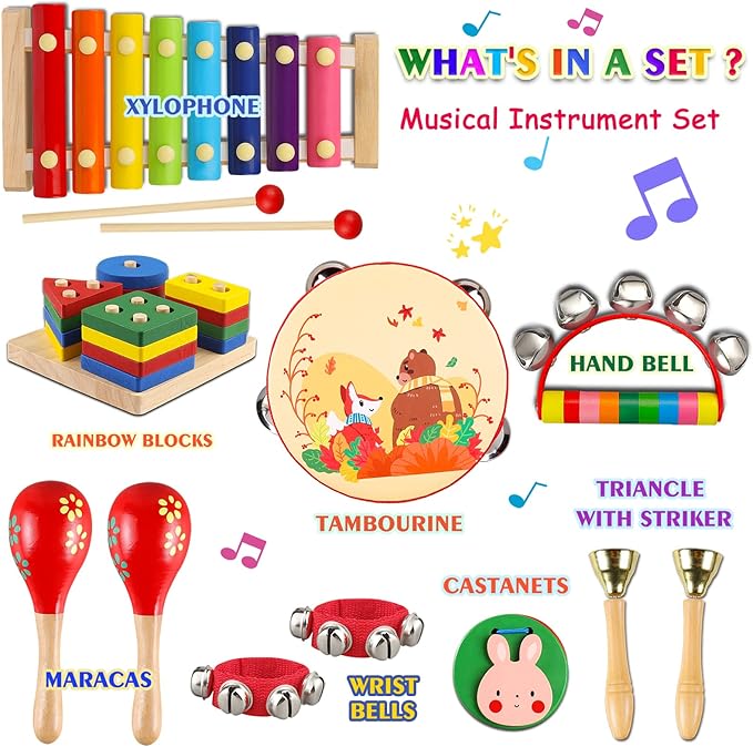 LOOIKOOS Baby Musical Instruments for Toddlers,Wooden Percussion Instruments Tambourine Xylophone Toys for Kids Preschool Education Early Learning Musical Toy for Boys and Girls