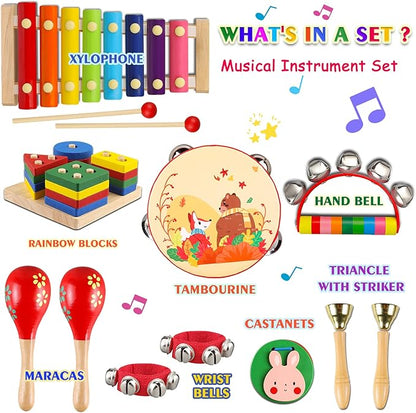 LOOIKOOS Baby Musical Instruments for Toddlers,Wooden Percussion Instruments Tambourine Xylophone Toys for Kids Preschool Education Early Learning Musical Toy for Boys and Girls
