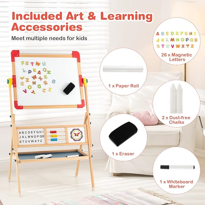 Costzon 3 in 1 Kids Art Easel, 360°Rotating Double-Sided Wood Easel w/Magnetic Whiteboard, Chalkboard & Paper Roll, Large Storage Tray, Alphabet Abacus, Standing Drawing Board for Toddlers Boys Girls