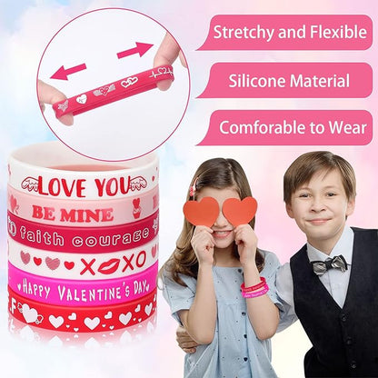JUNEBRUSHS 24pcs Valentine's Day Party Favors Silicone Bracelets Red Pink Love Heart Wristbands for Kids Adults Valentine's Day Party Decorations Gift (6 Designs)