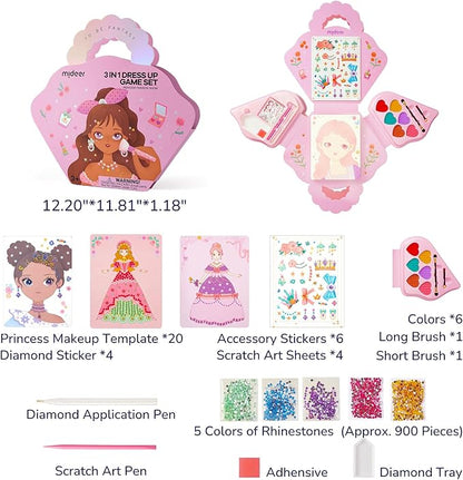 Mideer 4 in 1 Art Craft Kits for Kids, Princess Dress Up Game Set with Diamond Painting & Scratch Paper Art, Paper Fantasy Makeup Activity Art Craft Kits for Girls Age 3 4 5 6 7 8