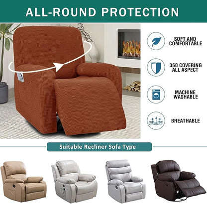 NILUOH Recliner Cover 4 Pieces Stretch Jacquard Recliner Chair Cover with Side Pocket Anti-Slip Fitted Washable Reclining Chair Protector with Elastic Bottom for Kids, Pets, Dogs