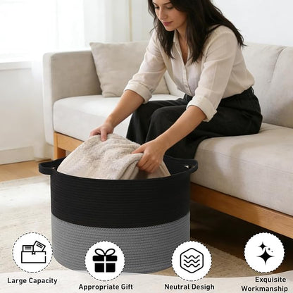 65L Large Woven Cotton Rope Blanket Basket with Handles, Laundry Hamper Storage Bin for Pillows, Comforters,Clothes, Toys, Nursery, Bedroom and Living Room Organization,Black&Dark Grey